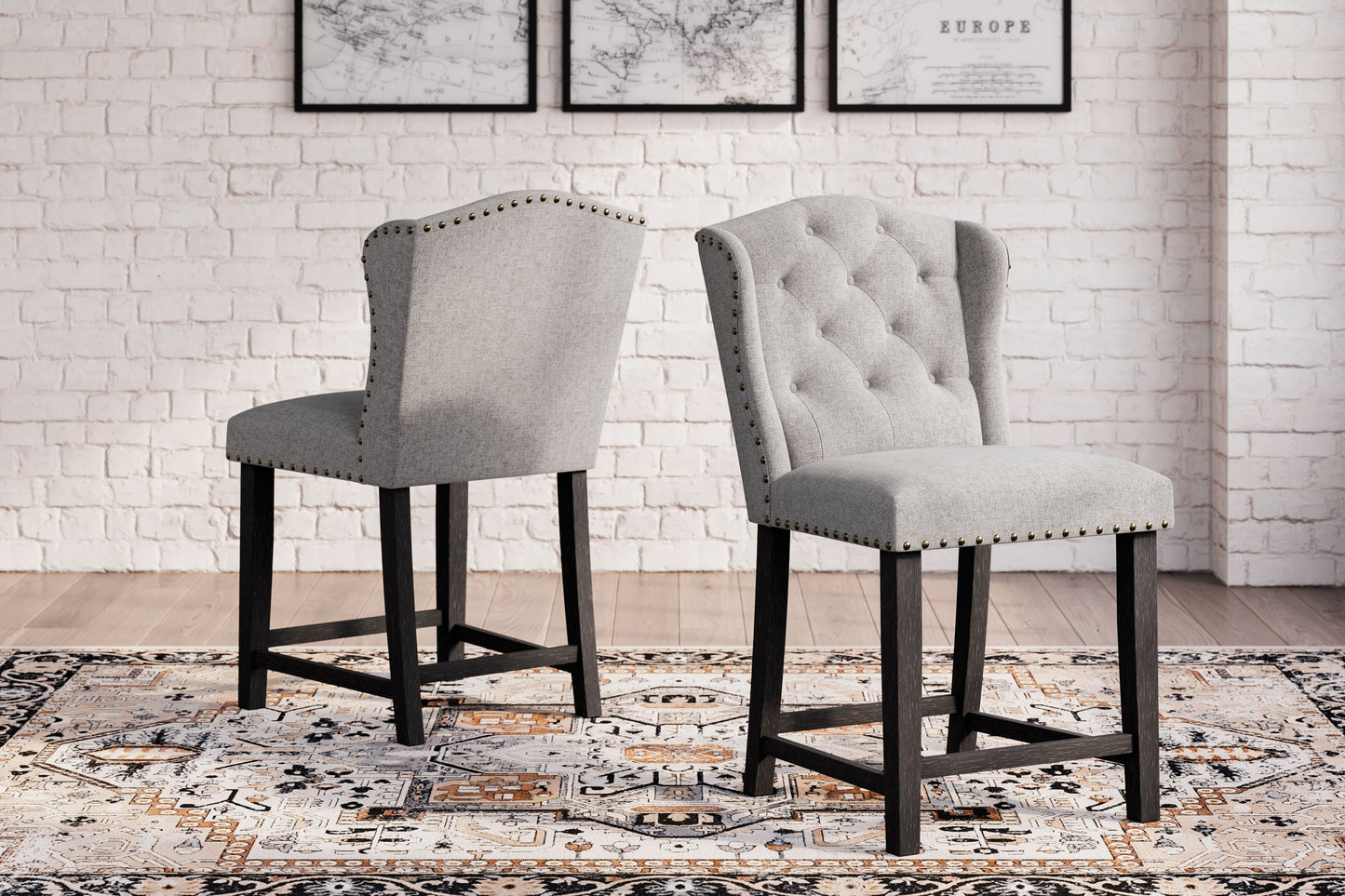 Jeanette - Linen / Black - 5 Pc. - Counter Table, 4 Upholstered Barstools
