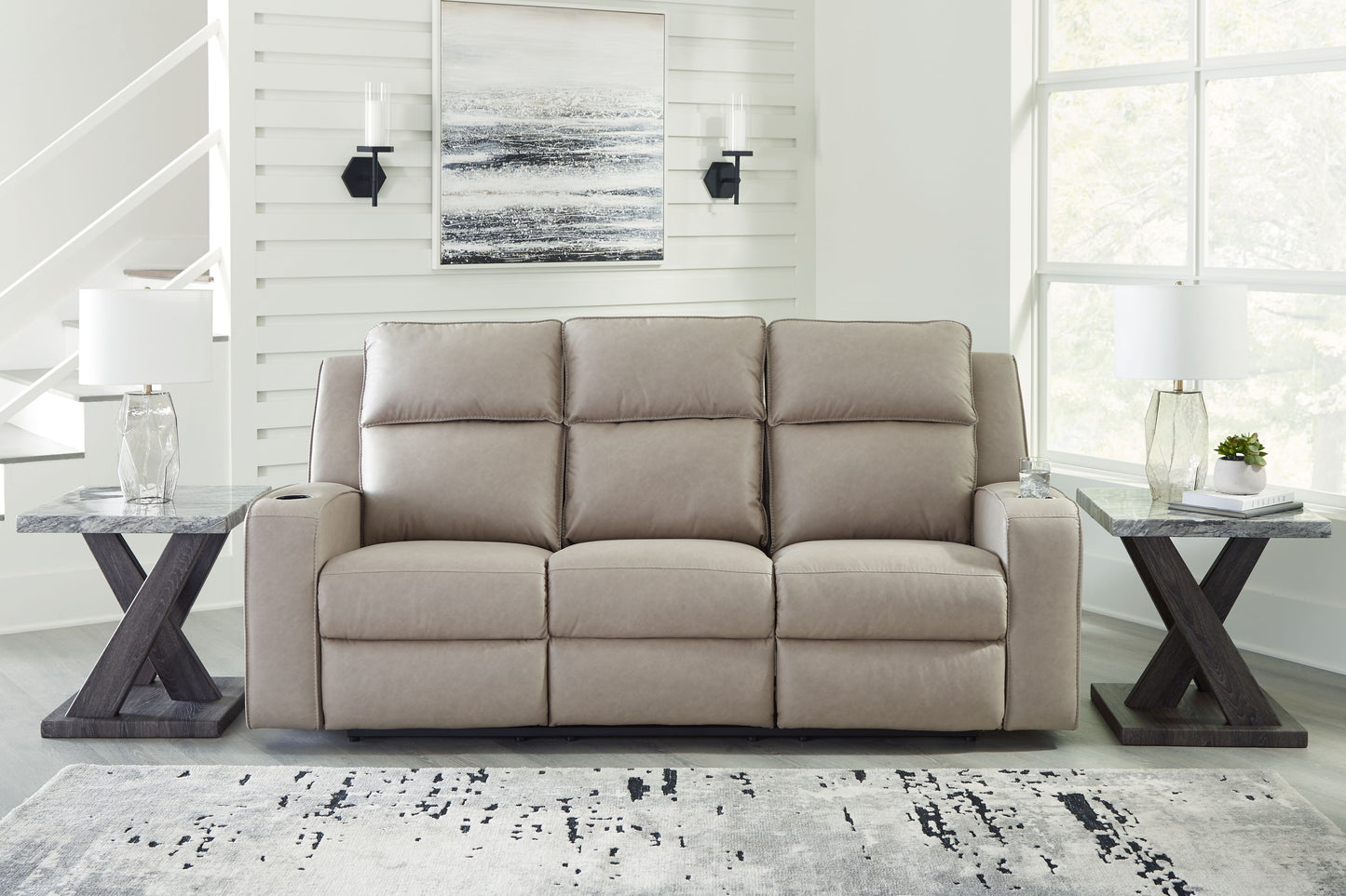 Lavenhorne - Pebble - Rec Sofa W/Drop Down Table