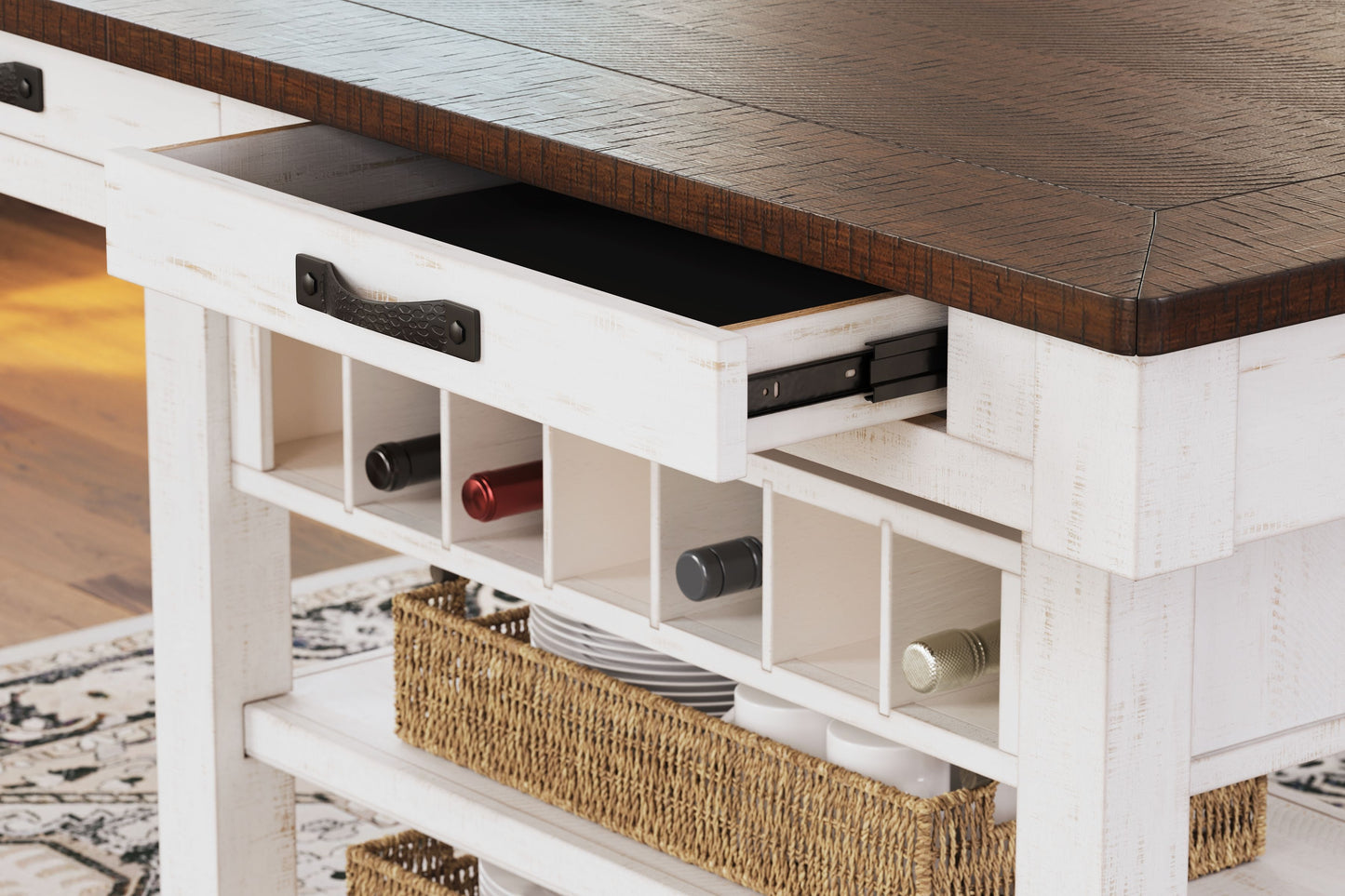 Valebeck - White / Brown - Rect Dining Room Counter Table With Wine Rack