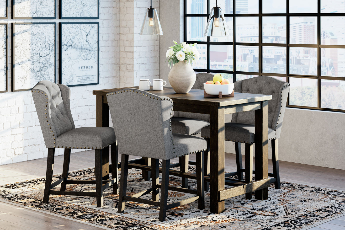 Jeanette - Black / Gray - 5 Pc. - Counter Table, 4 Upholstered Barstools